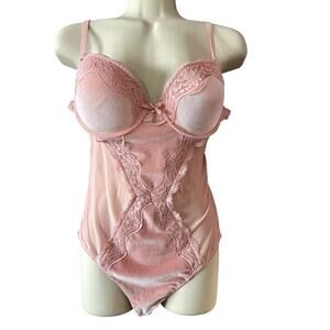 Rachel Pink Lace Bodysuit Lingerie Teddy Ribbed Accents Size M